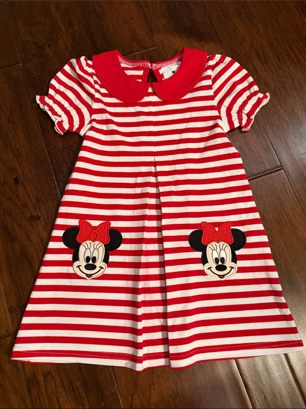 Red & White Striped Girls Dress with Minnie Appliques and Peter Pan Collar